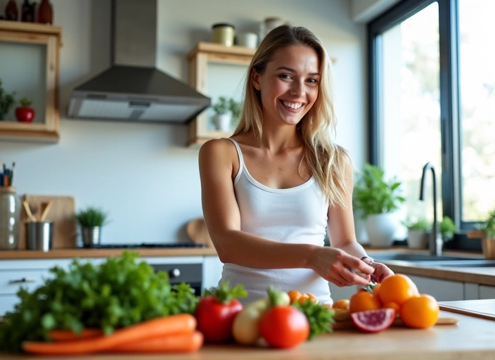 Donna che prepara un pasto sano e colorato in una cucina moderna