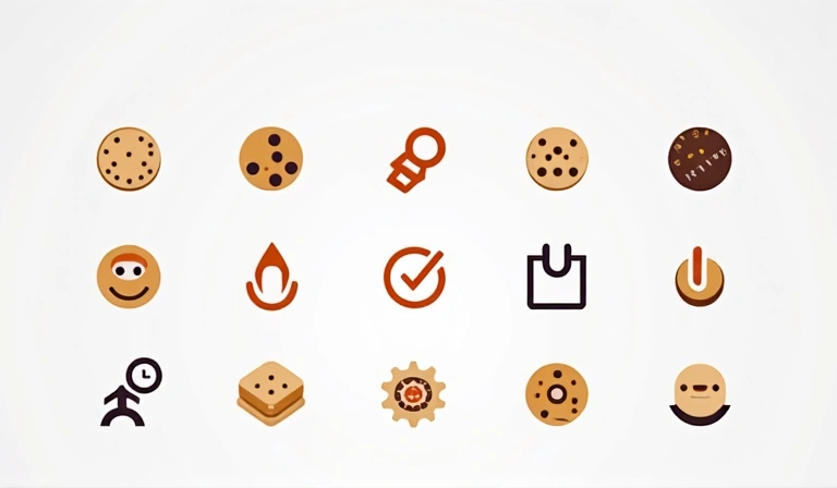 Vari tipi di icone di cookie digitali che rappresentano diverse categorie: tecnici, analitici, funzionali e di marketing.