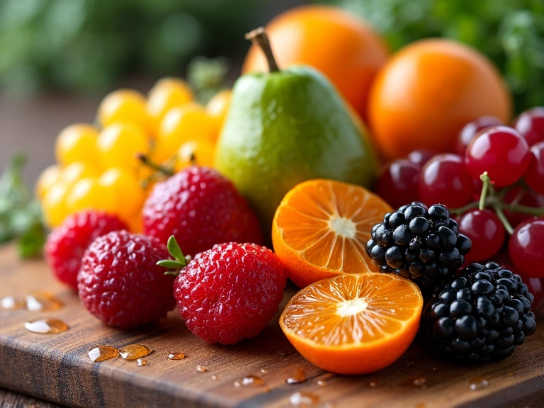Frutta esotica e bacche su un tagliere di legno