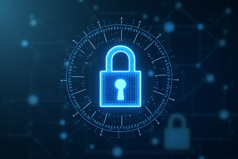 Un lucchetto digitale che simboleggia la sicurezza dei dati, con un'interfaccia utente pulita e moderna