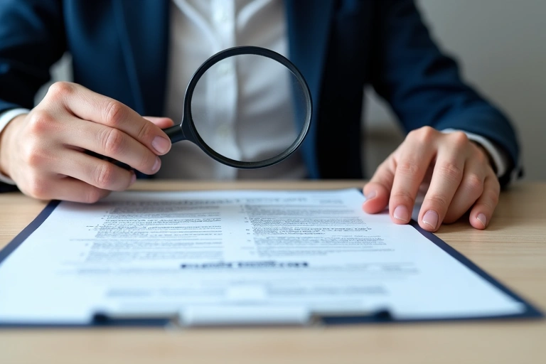 Persona che legge un contratto con lente d'ingrandimento